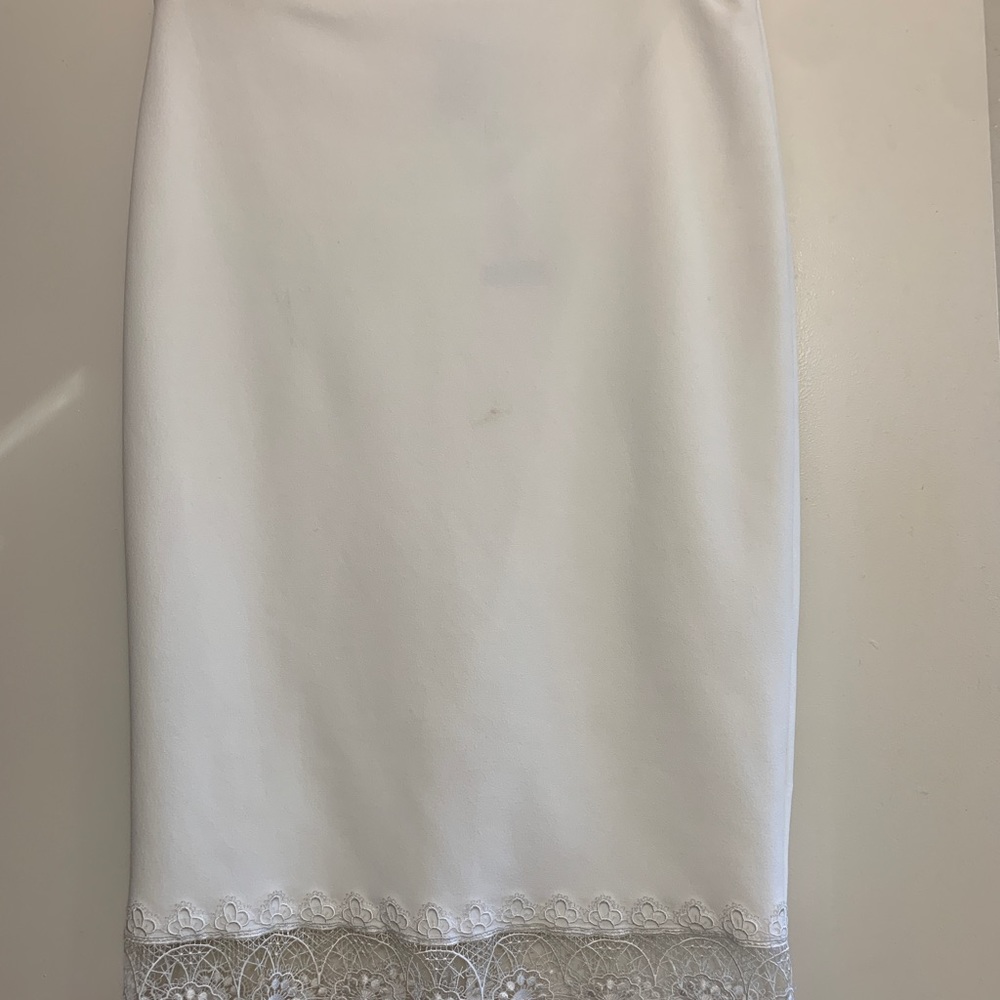 Aqua white / ivory body con lace trim midi knee length skirt